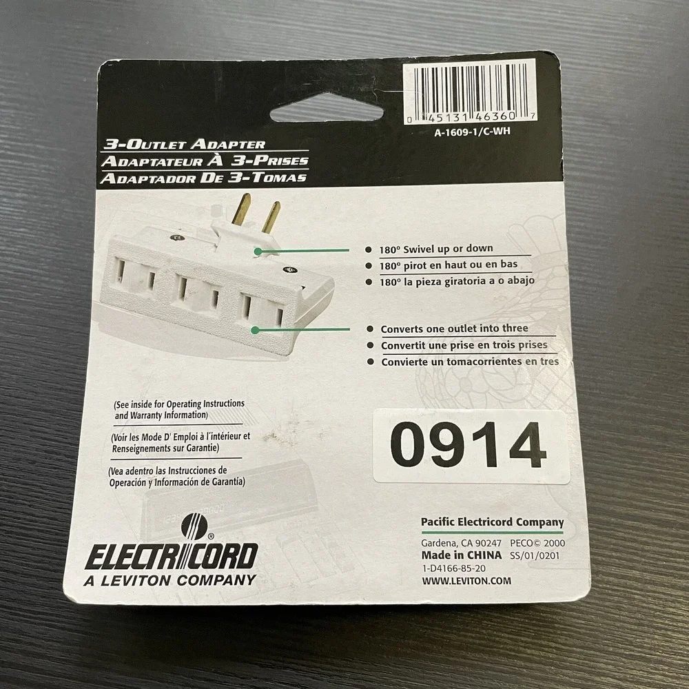 Leviton Triplex Swivel Receptacle Outlet Adapter 15A A-1609-1C-WH#️⃣Z08-0914